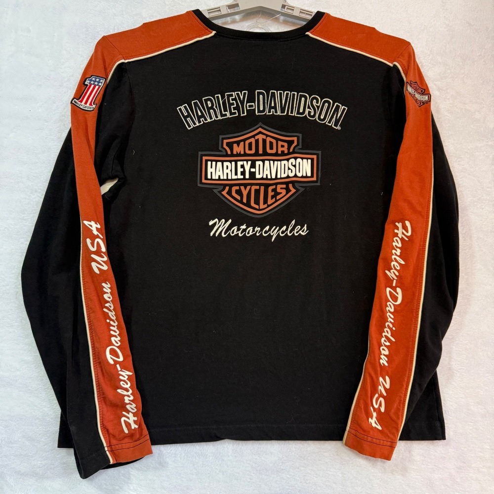 Harley-Davidson Long Sleeve Shirt Mens XL Black Orange Embroidered Racing V-Neck